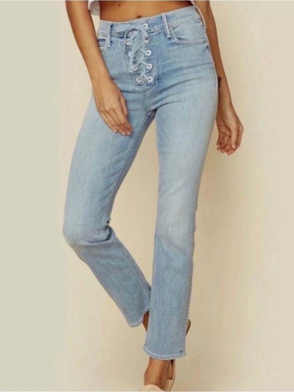 Mother Jeans The Lace Up Dazzler Ankle in Tinge Light Wash.